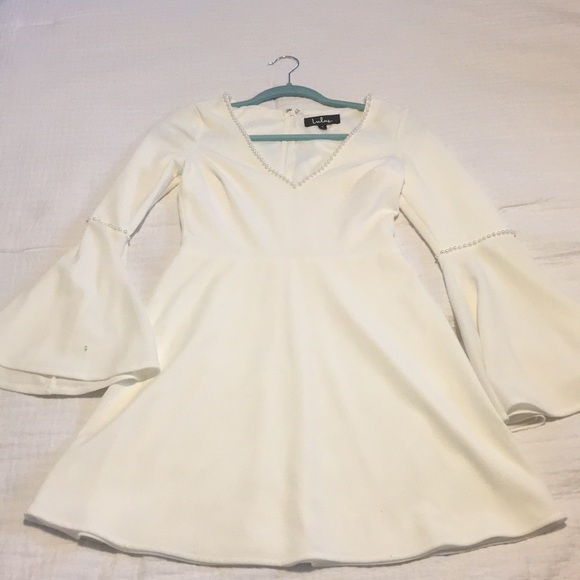 White pearl dress- bell sleeve skater dress - Picture 3 of 8